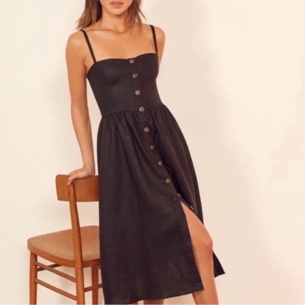 Reformation Tori Linen Button Front Midi Dress Black 2